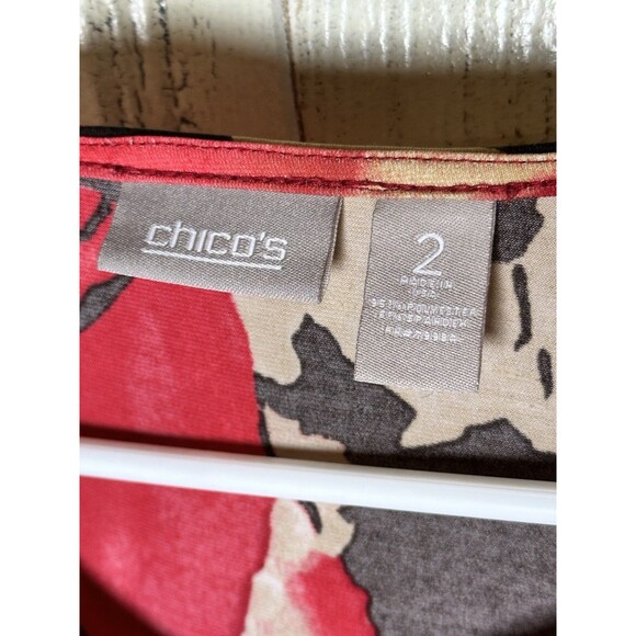 Chico's Red and Beige Abstract Floral Print 3/4 Sleeve Top sz 2 - Picture 3 of 6